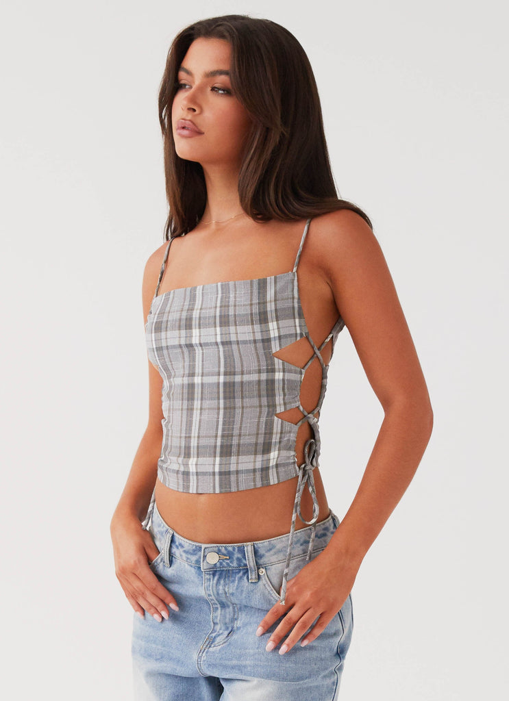 Womens Trista Tie Top in the colour Grey Tartan in front of a light grey background