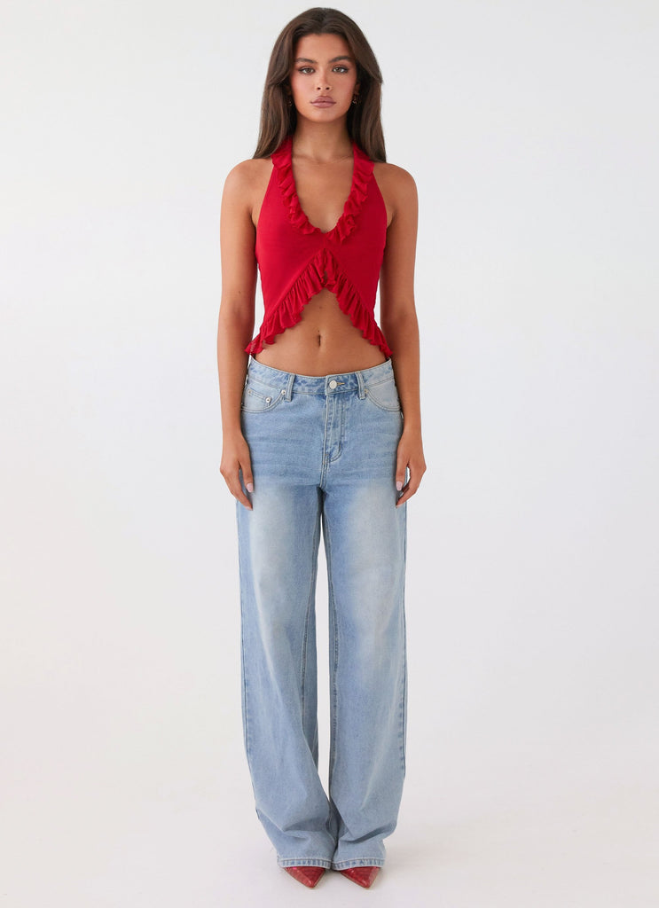 Womens Tanya Mesh Frill Top in the colour Red in front of a light grey background