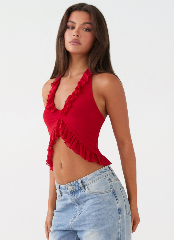 Womens Tanya Mesh Frill Top in the colour Red in front of a light grey background