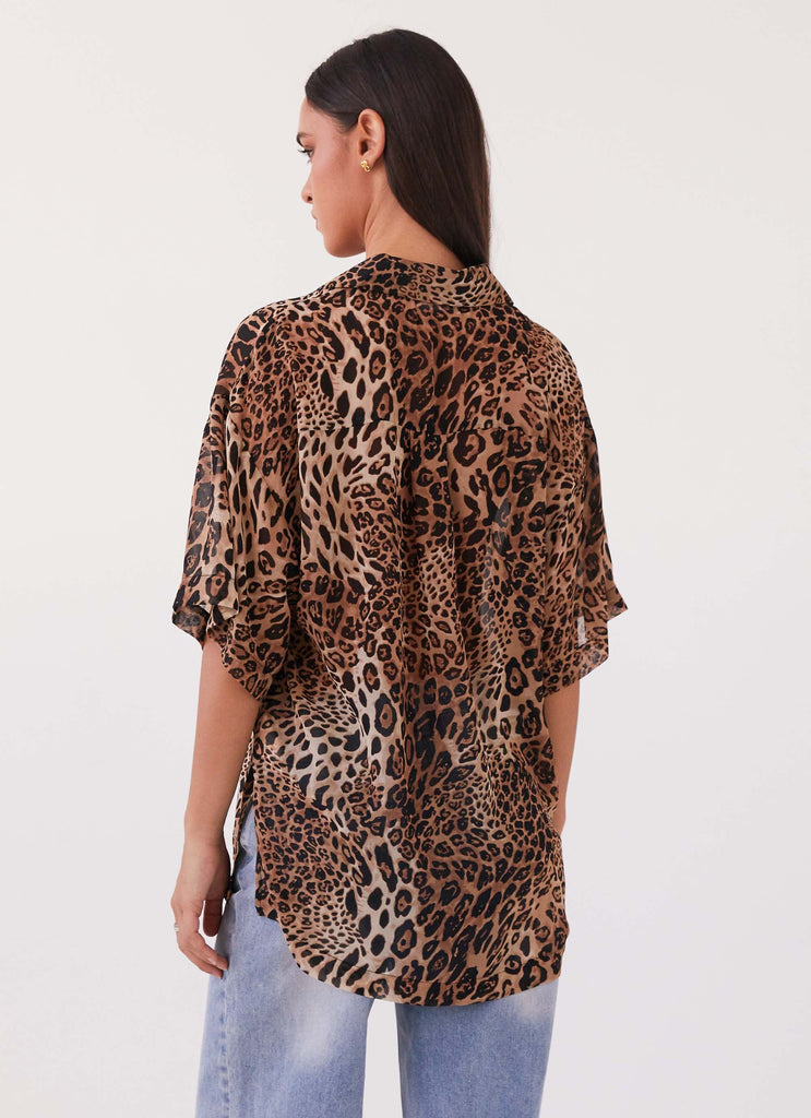 Womens Sweet Relief Chiffon Oversized Shirt in the colour Leopard in front of a light grey background