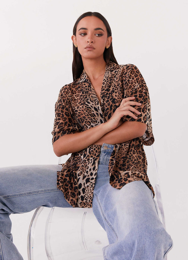 Womens Sweet Relief Chiffon Oversized Shirt in the colour Leopard in front of a light grey background