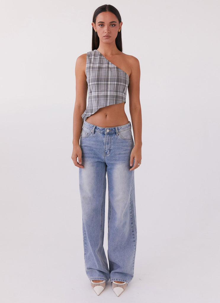 Womens Got Me Started One Shoulder Top in the colour Grey Plaid in front of a light grey background