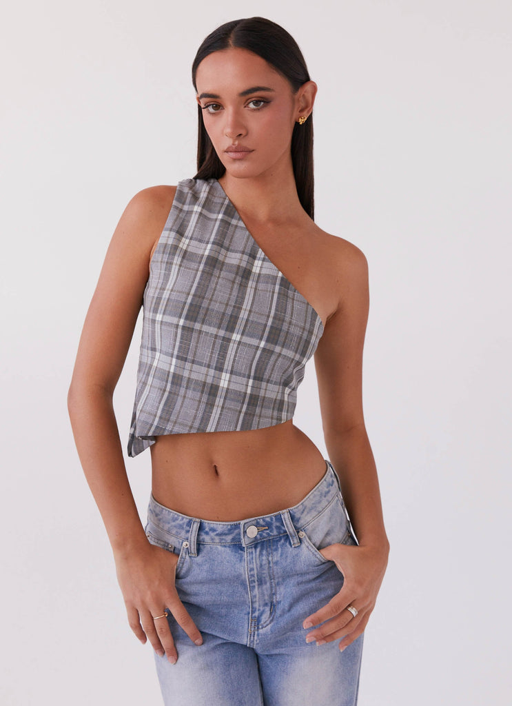 Womens Got Me Started One Shoulder Top in the colour Grey Plaid in front of a light grey background