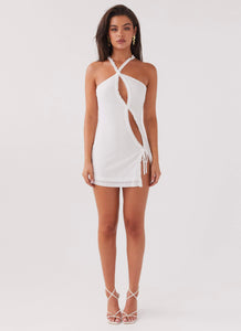 Womens Midnight Rhapsody Ruffle Mini Dress in the colour White in front of a light grey background