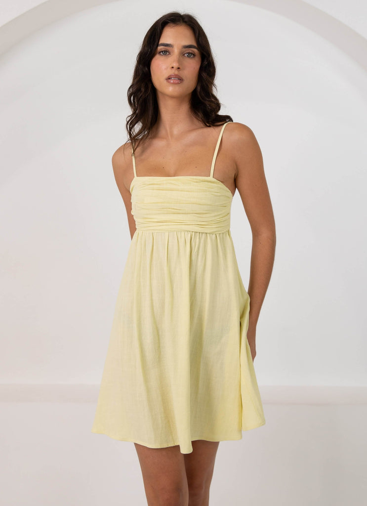 Womens Admire You Linen Mini Dress in the colour Lemon in front of a light grey background