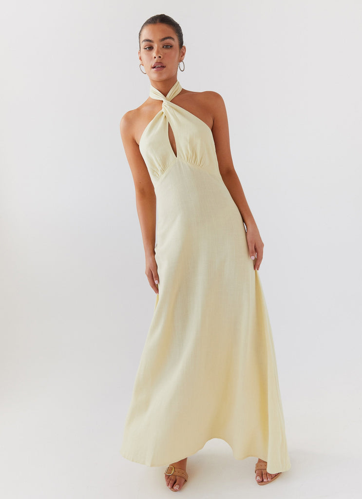 Womens Adrienne Linen Maxi Dress in the colour Lemon in front of a light grey background