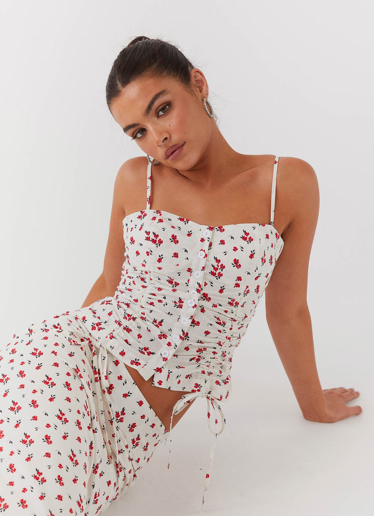 Womens Ariana Linen Bustier Top in the colour Poppy Floral in front of a light grey background