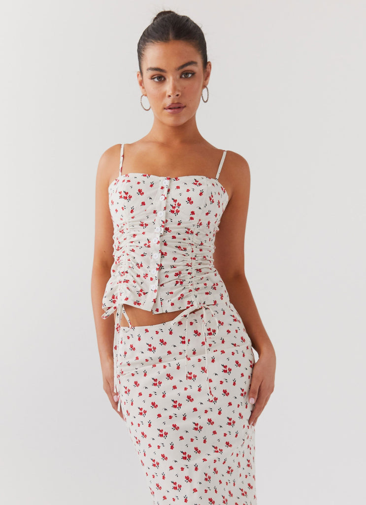 Womens Ariana Linen Bustier Top in the colour Poppy Floral in front of a light grey background