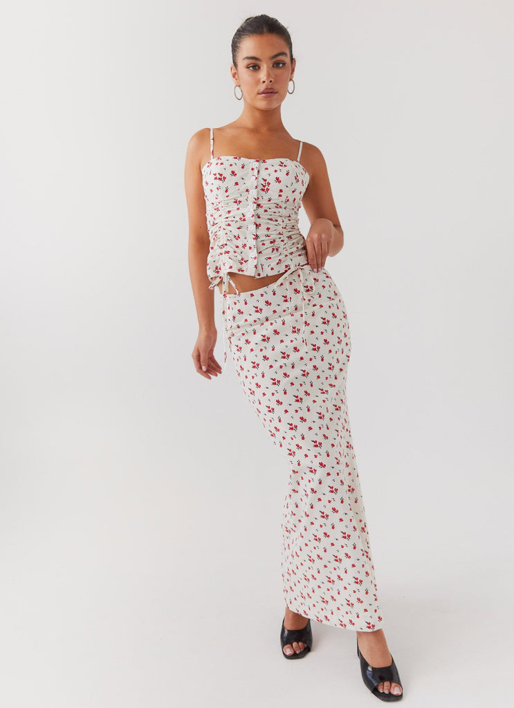 Womens Ariana Linen Bustier Top in the colour Poppy Floral in front of a light grey background