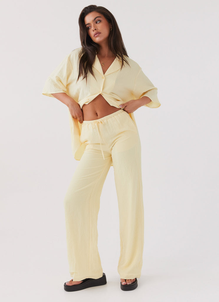 Womens The Good Days Pants in the colour Lemon in front of a light grey background