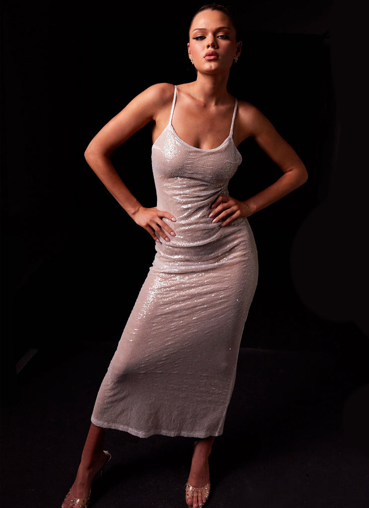 Womens Diva Darling Sequin Maxi Dress in the colour Frost in front of a light grey background