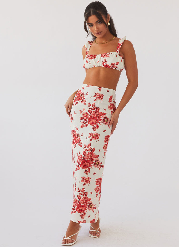 Womens Valencia Villa Maxi Skirt in the colour Rosa Floria in front of a light grey background