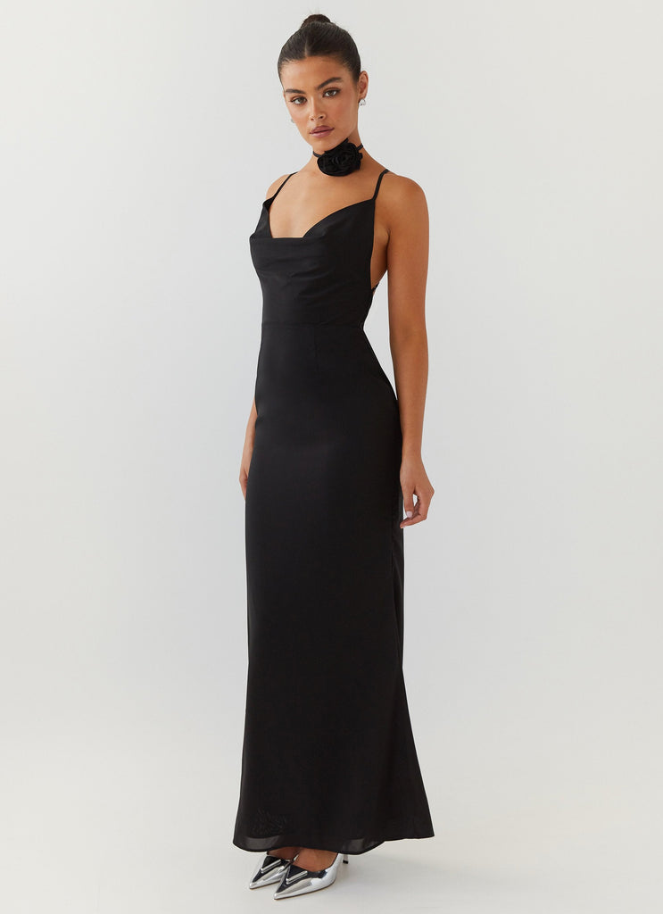 Womens Royal Charm Rose Maxi Dress in the colour Black in front of a light grey background