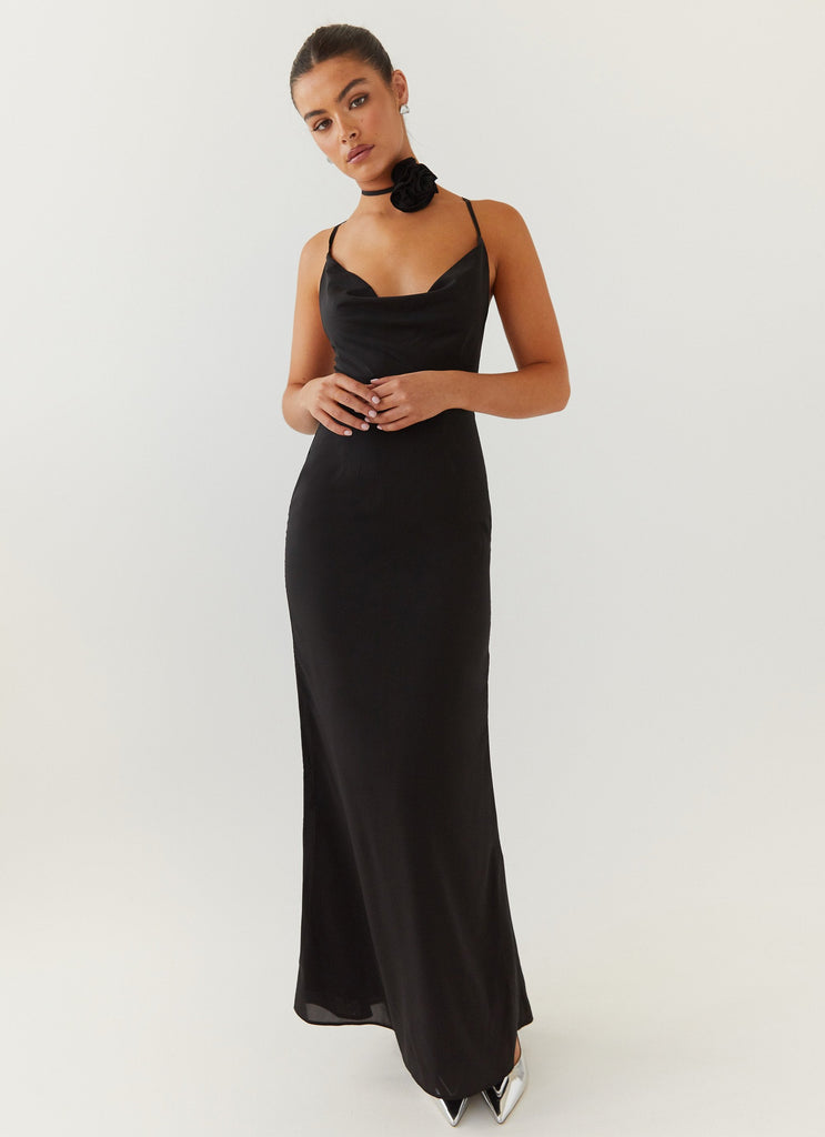 Womens Royal Charm Rose Maxi Dress in the colour Black in front of a light grey background