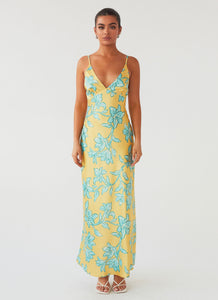 Womens Sorrento Sun Maxi Dress in the colour Golden Bloom in front of a light grey background