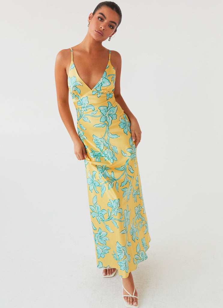 Womens Sorrento Sun Maxi Dress in the colour Golden Bloom in front of a light grey background