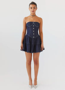 Womens Adriana Denim Bustier Dress in the colour Indigo in front of a light grey background