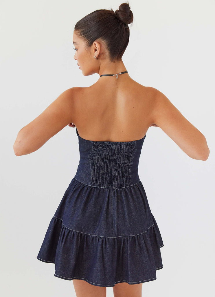 Womens Adriana Denim Bustier Dress in the colour Indigo in front of a light grey background