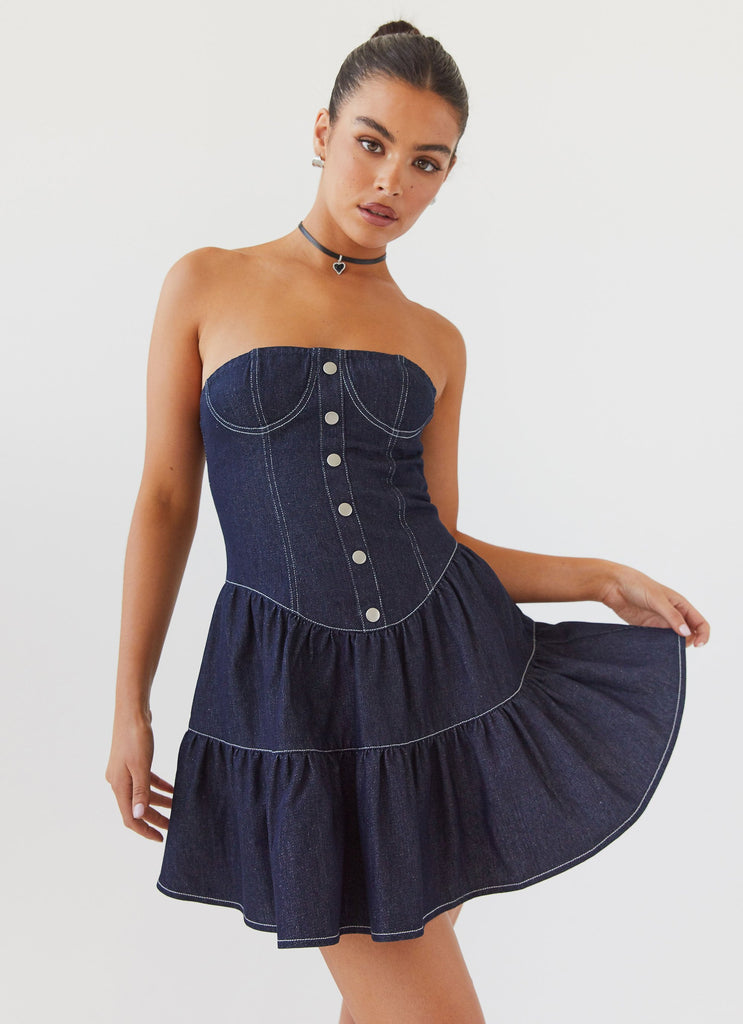 Womens Adriana Denim Bustier Dress in the colour Indigo in front of a light grey background