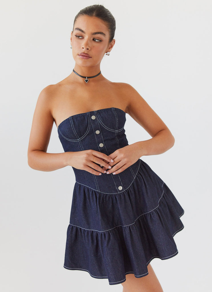 Womens Adriana Denim Bustier Dress in the colour Indigo in front of a light grey background