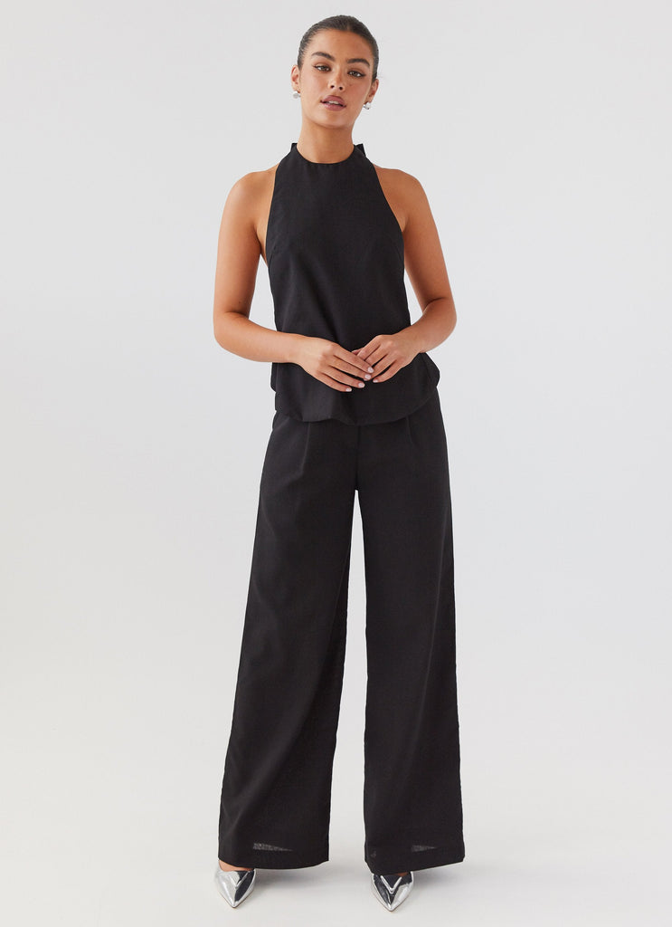 Womens Heatwave Linen Wide Leg Pants in the colour Black in front of a light grey background