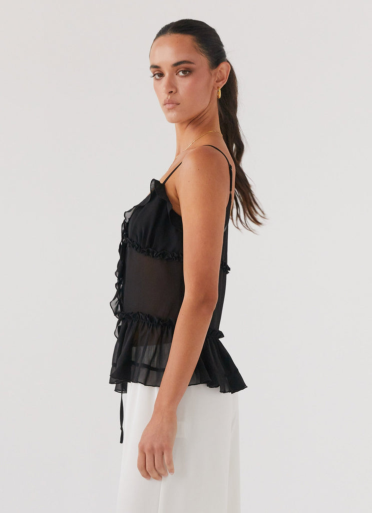 Womens Got It Bad Frill Cami Top in the colour Black in front of a light grey background