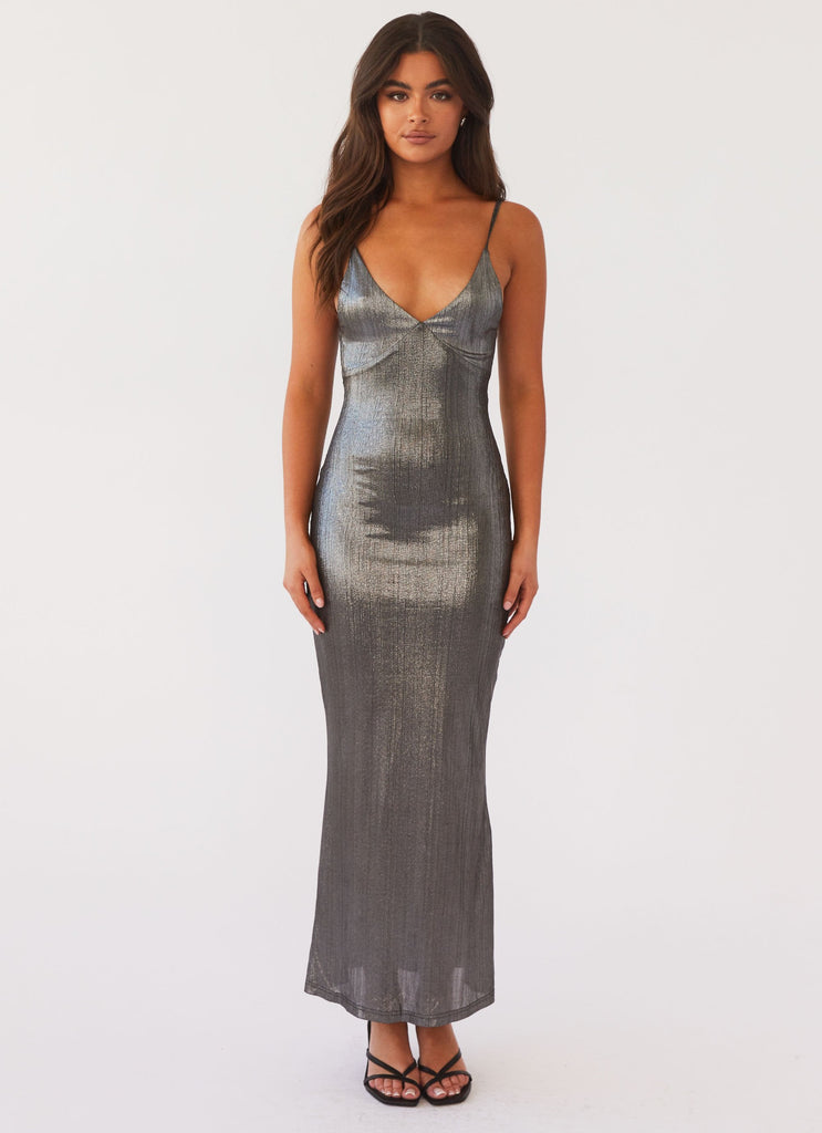 Womens Alexa Metallic Maxi Dress in the colour Twilight in front of a light grey background