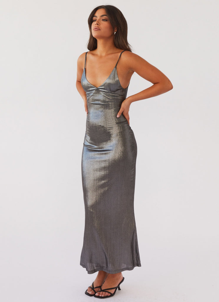 Womens Alexa Metallic Maxi Dress in the colour Twilight in front of a light grey background