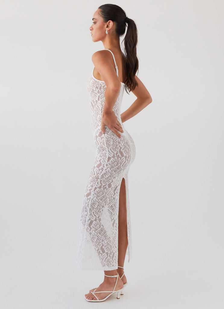 Womens Leona Lace Maxi Dress in the colour Snow in front of a light grey background