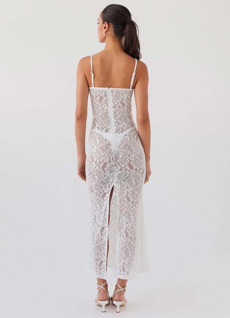 Womens Leona Lace Maxi Dress in the colour Snow in front of a light grey background