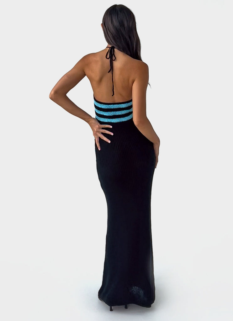 Womens Masterpiece Halterneck Crochet Maxi Dress in the colour Azure Stripe in front of a light grey background