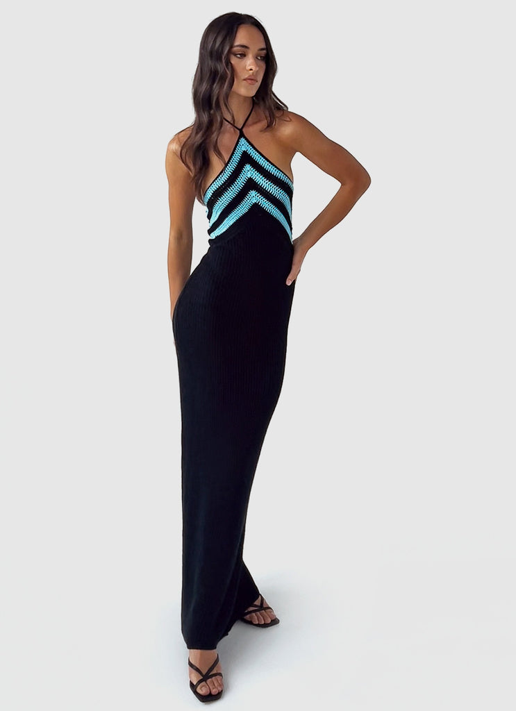 Womens Masterpiece Halterneck Crochet Maxi Dress in the colour Azure Stripe in front of a light grey background