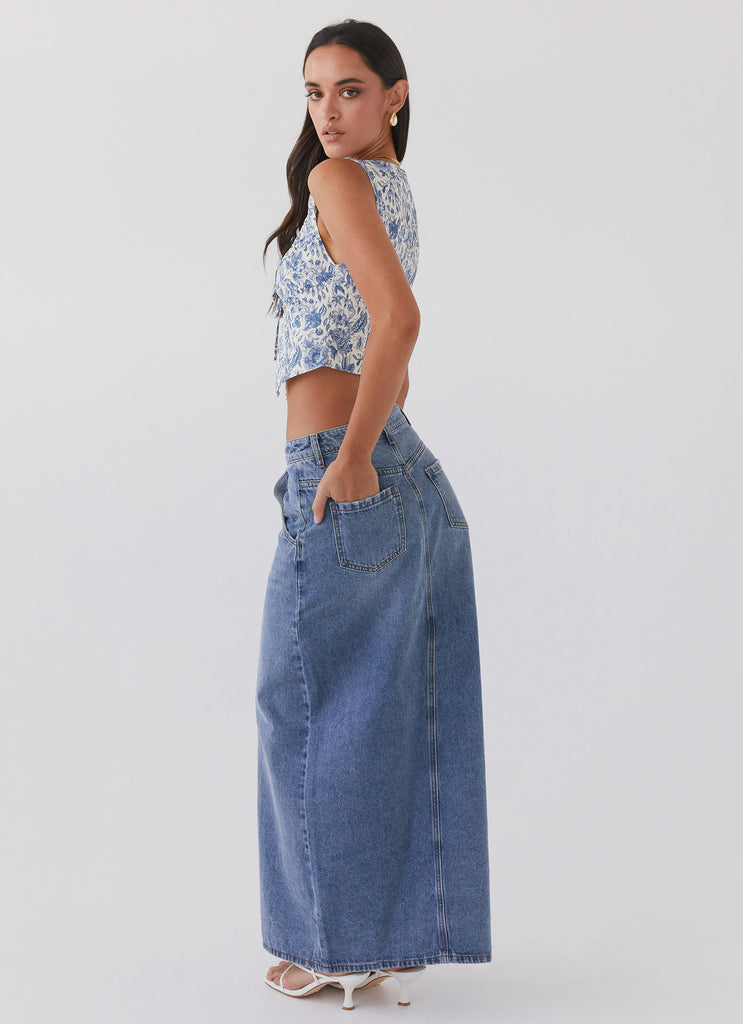 Walk This Way Denim Maxi Skirt - Blue