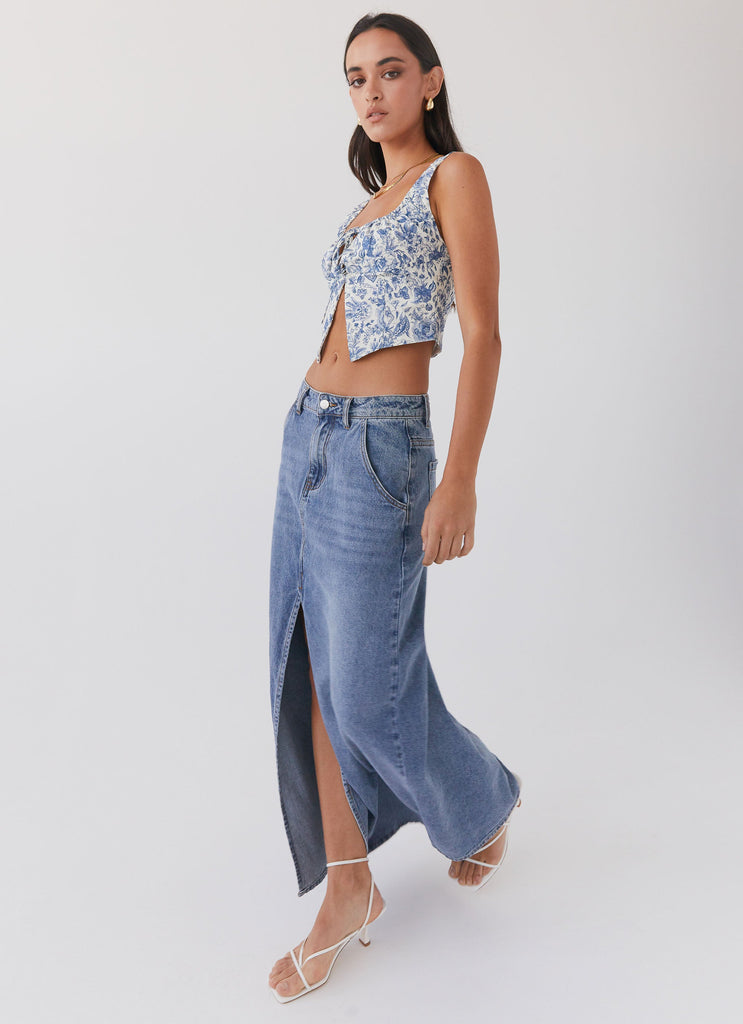 Walk This Way Denim Maxi Skirt - Blue