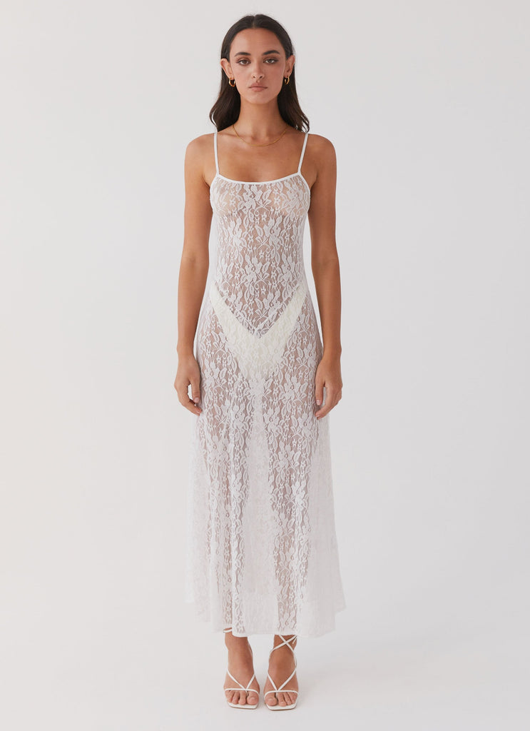 Womens Wild Thoughts Lace Midi Dress in the colour Snow in front of a light grey background