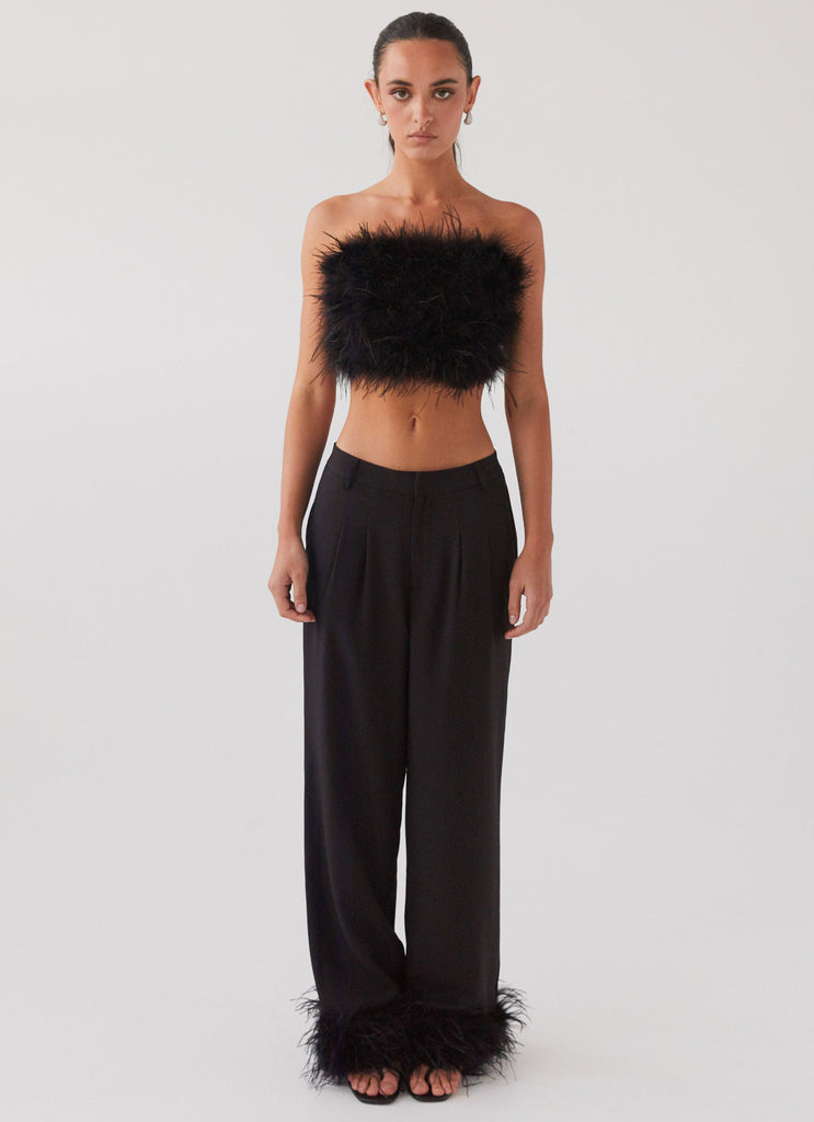 Womens The Night Is Ours Feather Crop Top in the colour Black in front of a light grey background