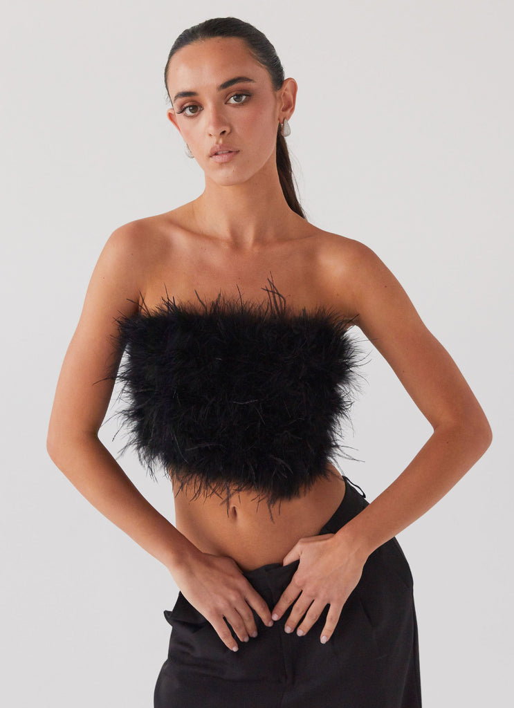 Womens The Night Is Ours Feather Crop Top in the colour Black in front of a light grey background