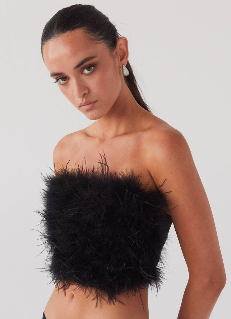 Womens The Night Is Ours Feather Crop Top in the colour Black in front of a light grey background