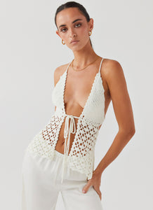 Womens Into You Crochet Tie Top in the colour Ivory in front of a light grey background