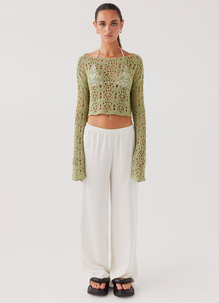 Womens Free Mind Crochet Long Sleeve Top in the colour Light Olive in front of a light grey background