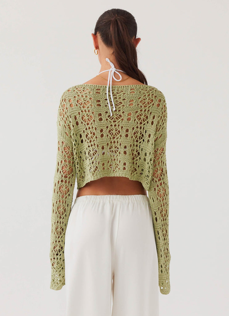 Womens Free Mind Crochet Long Sleeve Top in the colour Light Olive in front of a light grey background