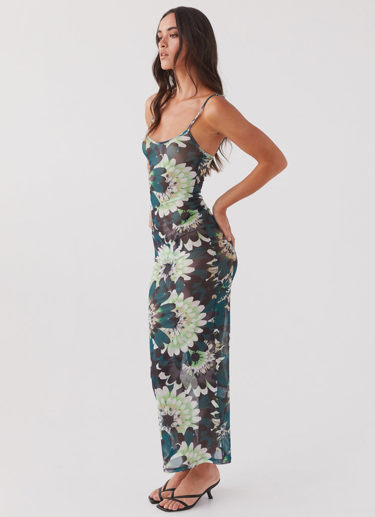 Womens Love On The Run Maxi Dress in the colour Jungle in front of a light grey background