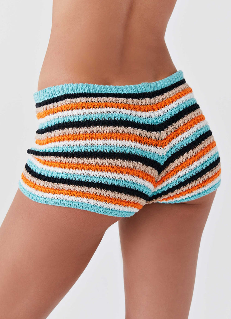 Womens Pour It Up Crochet Mini Shorts in the colour Neostripe in front of a light grey background