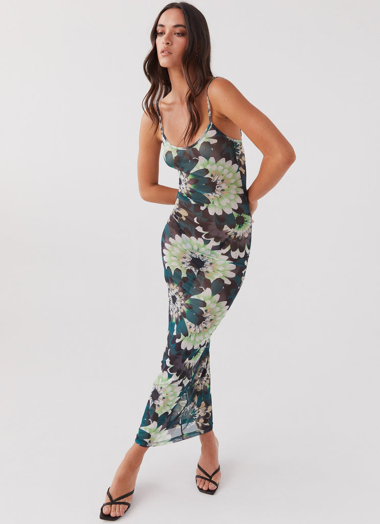 Womens Love On The Run Maxi Dress in the colour Jungle in front of a light grey background