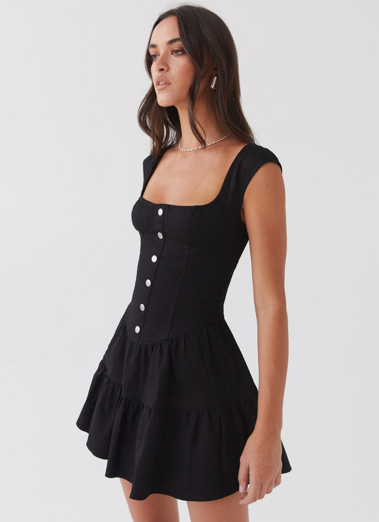 Womens Isabella Denim Bustier Dress in the colour Black in front of a light grey background