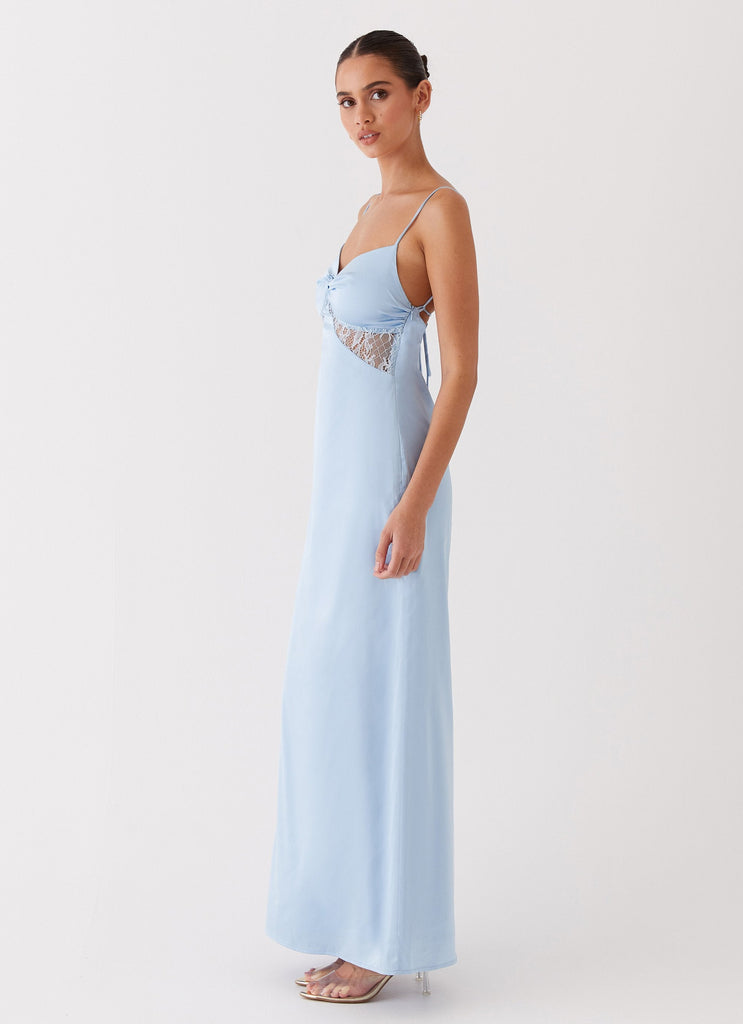 Womens Dream Sight Lace Satin Maxi Dress in the colour Ice Blue in front of a light grey background