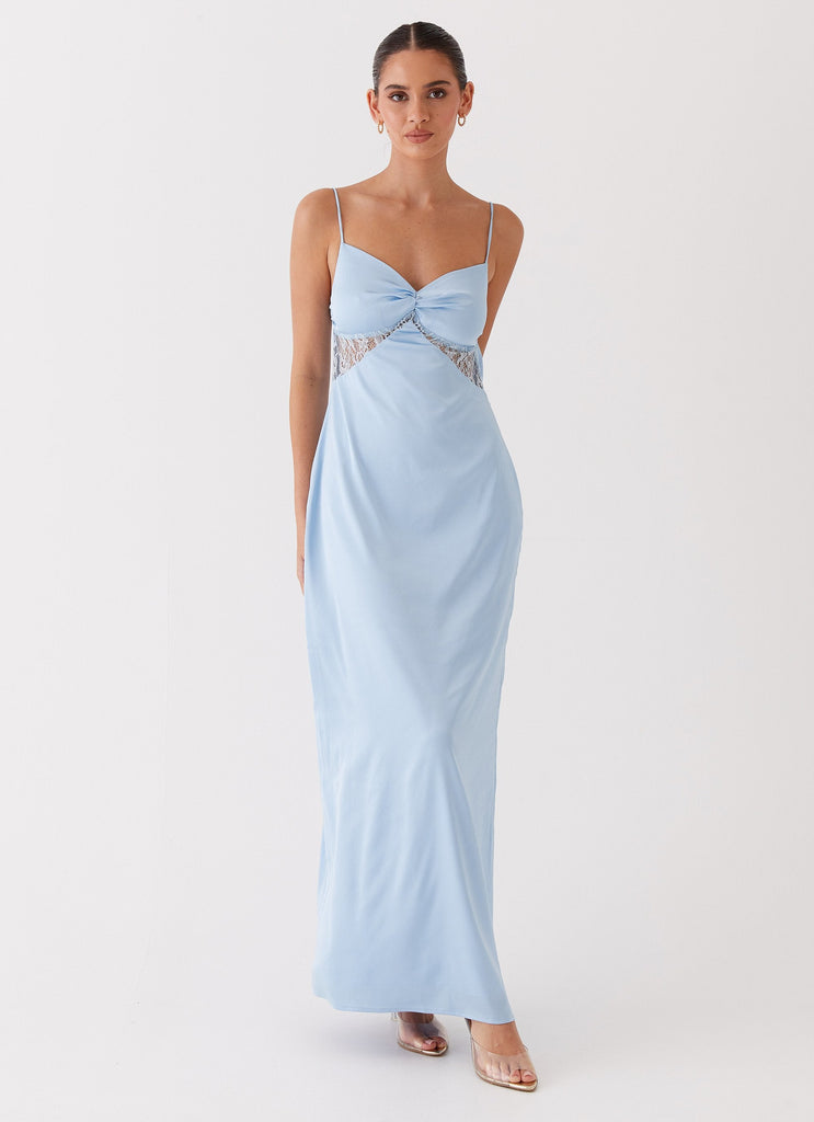 Womens Dream Sight Lace Satin Maxi Dress in the colour Ice Blue in front of a light grey background