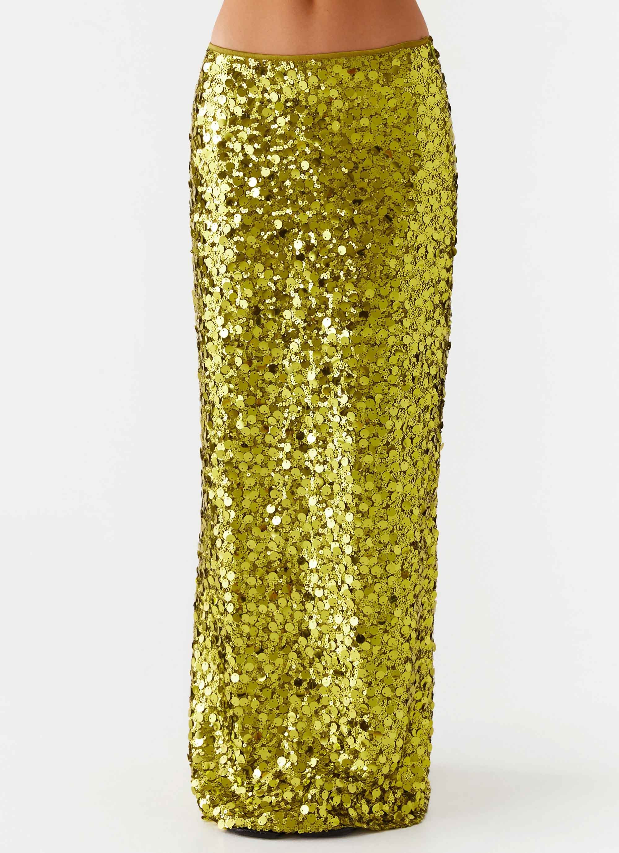 Perfect Places Low Rise Sequin Maxi Skirt Olive - Main Image