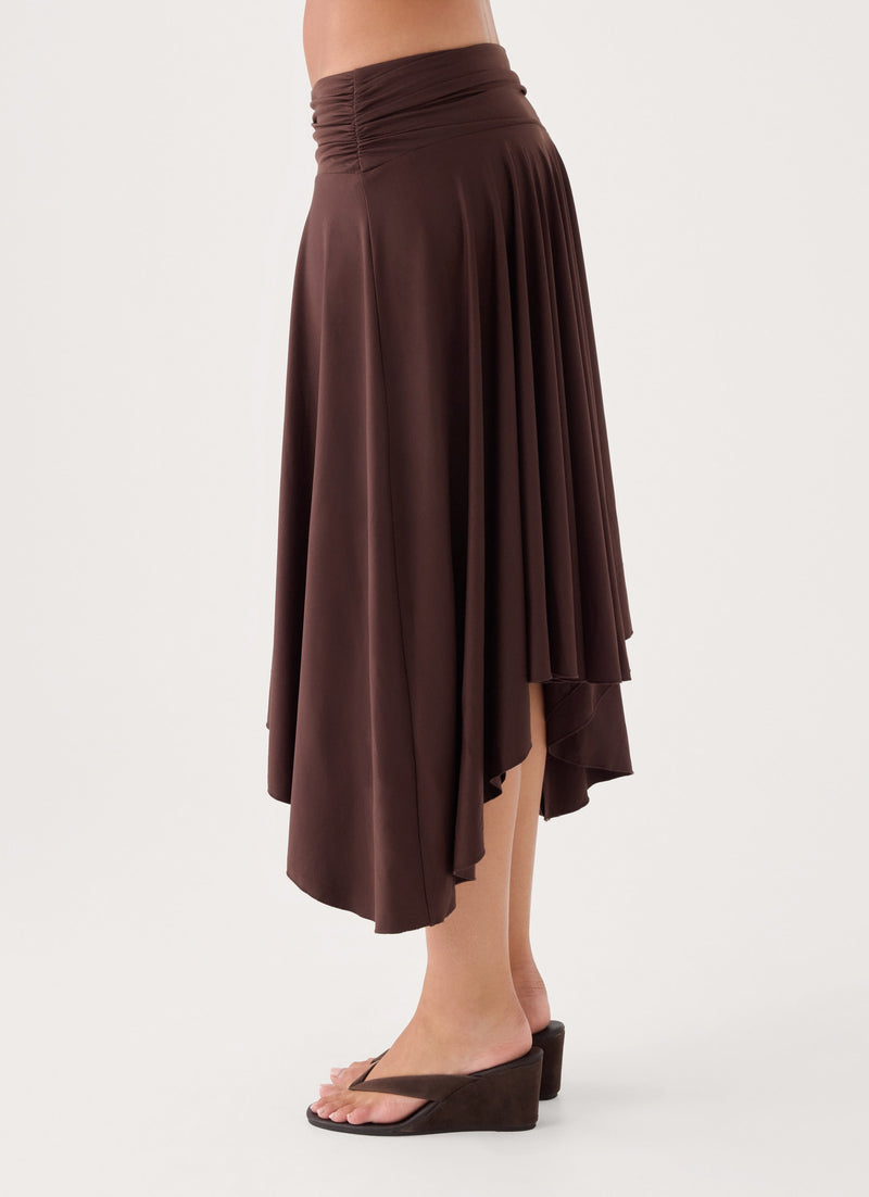 Perrie Asymmetrical Midi Skirt - Chocolate