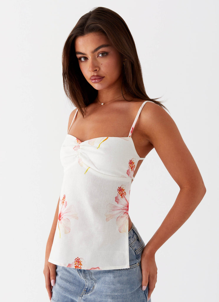 Womens Rosy Linen Backless Top in the colour Camellia in front of a light grey background